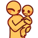 Two yellow minimalist figures hugging, with one figure lifting the other off the ground.