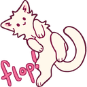 A white cat in a relaxed, flopping pose with the word flop written in pink text below it.