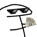 A simple black and white stick figure wearing pixelated sunglasses and holding a fan of dollar bills.