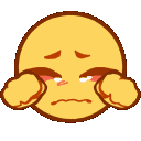 A yellow smiley face with teary eyes and flushed cheeks rapidly flapping its fists up and down.