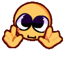 Yellow emoji face with large purple eyes wiggling its hands in excitement.