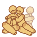 Three stylized figures huddled together in a warm, affectionate group hug.