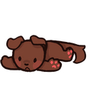 A small brown puppy lying flat on its stomach looking tired.