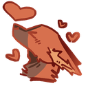 A stylized brown creature surrounded by floating red hearts expressing love.