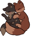 Two stylized animals, one gray and one brown, are cuddling together with closed eyes.