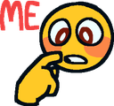 A yellow smiley face with large eyes and a red blush on its cheeks, poking its own cheek with a finger.