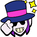 Character wearing a blue top hat and sunglasses tips their hat while wearing a wide, toothy grin with sparkling stars nearby.