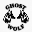 Two mirrored wolf heads facing each other with the text Ghost Wolf written in black.