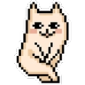 A small pixelated cat with pink cheeks looks bashful while holding its paws together in front of its chest.
