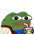 A green frog character with a calm expression sipping from a small pink juice box.