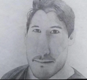 A man with a distorted, low-resolution face stares directly forward with a neutral, intense expression.