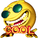 Yellow smiley face wearing dark green sunglasses and flashing a wide, toothy grin with the word COOL written in red text bel…