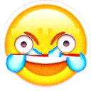 A yellow emoji face with misaligned eyes and mouth, crying blue tears of laughter.
