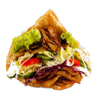 Doner Kebab sandwich filled with meat, lettuce, and tomatoes.