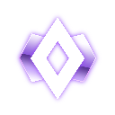 Diamond emblem with a white center and purple glowing edges on a blue and pink background.