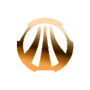 Golden circular emblem featuring radiating lines and a metallic finish.