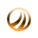 A metallic gold circular emblem with sweeping lines creating a sense of motion.