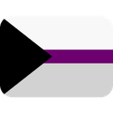 Flag with a black chevron on the left and horizontal white, purple, and gray stripes.