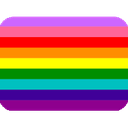 A rectangular badge featuring horizontal stripes of purple, pink, red, orange, yellow, green, teal, and blue.