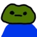 A green blob creature with a blank, unamused expression stares forward.
