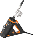 A black and orange mechanical device with a metallic spring extending upwards.