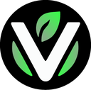 Letter V logo stylized with green leaves on a black background.