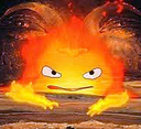 A small orange and yellow fire spirit with a grumpy face and furrowed brows.