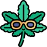 A stylized green leaf character wearing yellow-framed sunglasses with a small, happy smile.