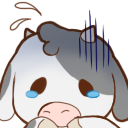 A cute white and gray cow with tears in its eyes and dark stress lines appearing above its head.