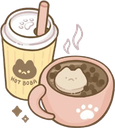 A yellow cup of boba and a pink mug of coffee, both featuring cute cat faces and paw prints.