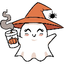 A cute white ghost wearing an orange witch hat, smiling happily while holding a steaming cup with a pumpkin design.