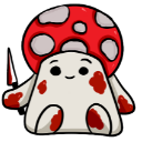 A cute mushroom character with a happy face and red splotches on its body.