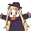 A cute blonde chibi girl in a witch hat waving her arms frantically in excitement.