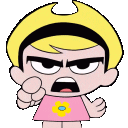 Four identical cartoon girls with blonde hair and pink dresses pointing their fingers forward with angry expressions.