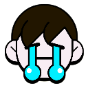 A stylized head with closed eyes and two large, bright blue streams of tears flowing down the face.