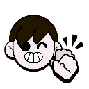 A cartoon character with a brown-haired head gives a friendly fist bump.