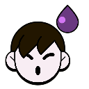 A stylized anime character head with closed eyes and an open mouth, featuring a large purple sweat drop above its hair.