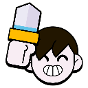 A cartoon boy with brown hair and a wide grin holding a sword high in the air.