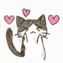 A cute black and white cat with closed eyes and floating pink hearts around its head.