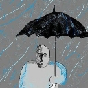 Person holding a black umbrella while standing in the rain with a stoic expression.