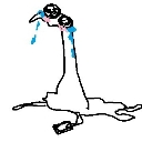 A white, noodle-like creature melting into a puddle while crying large blue tears.