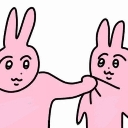 Two pink bunnies where one is aggressively grabbing the other by the shoulder.