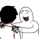 A crude stick figure aggressively grabbing another person by the shoulders with a frustrated expression.