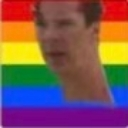 Benedict Cumberbatch looking skeptical with a confused facial expression against a rainbow flag background.