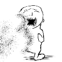 A stick figure character disintegrating into dust particles.