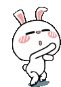 A white cartoon bunny with pink cheeks dancing rhythmically.