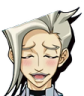 Character with light hair, closed eyes, and a wide open-mouthed grin with pink blush on their cheeks.