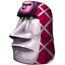 A stone Moai statue head with a small pink figure perched on its forehead.