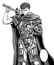 Warrior in heavy armor holding a large sword over their shoulder in a dark, detailed line-art style.