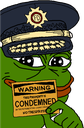 Pepe the Frog wearing a police officer hat holds up a yellow warning sign that says content condemned.